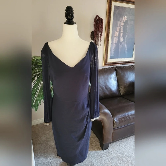 XSCAPE - SHEER LONG  SLEEVE DRESS-RHINESTONE CUFF - Picture 3 of 12